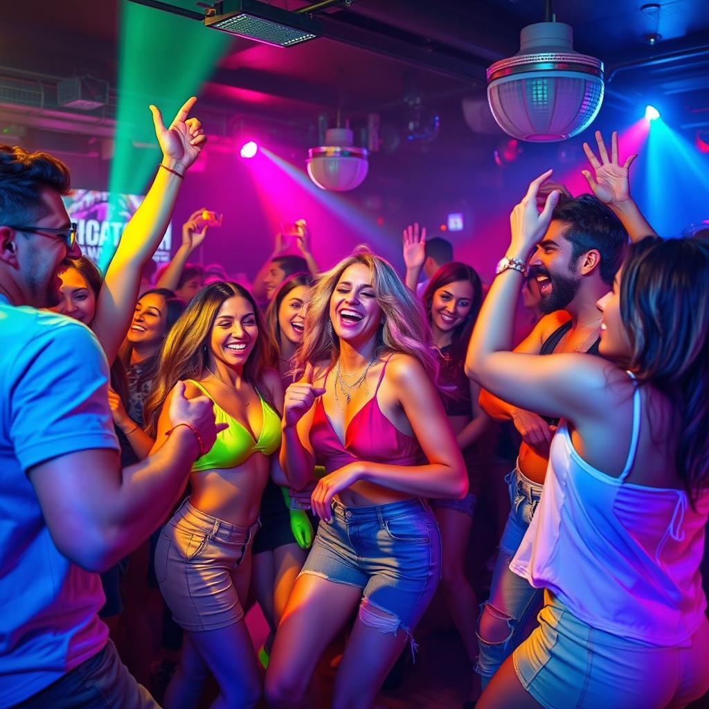 A dynamic and energetic scene capturing a vibrant nightlife atmosphere with a group of adventurous adults engaging in a lively party