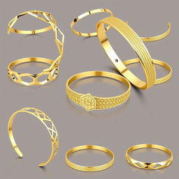 A collection of various lightweight geometric gold bangles designed with intricate CNC machining patterns