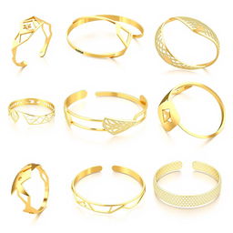 A collection of various lightweight geometric gold bangles designed with intricate CNC machining patterns