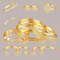 A collection of various lightweight geometric gold bangles designed with intricate CNC machining patterns