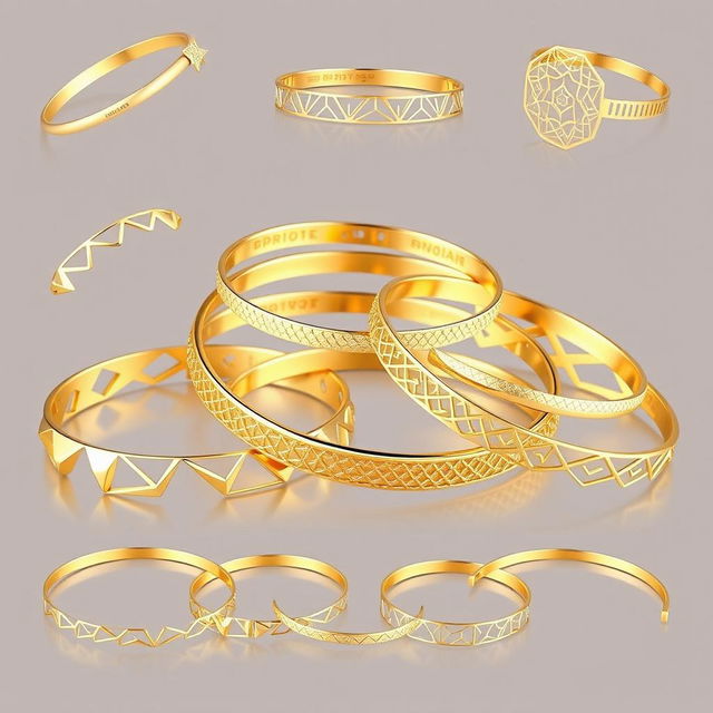 A collection of various lightweight geometric gold bangles designed with intricate CNC machining patterns