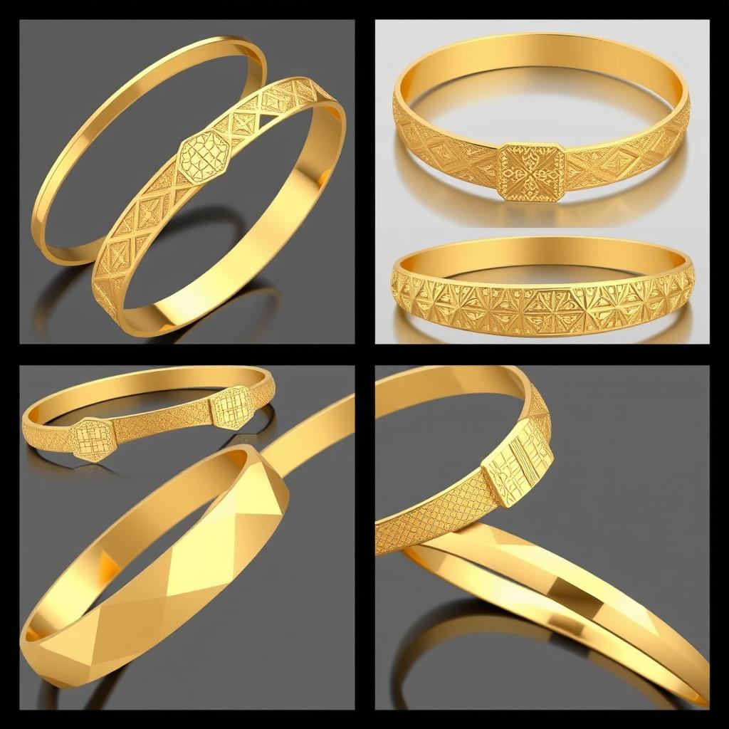 A collection of various lightweight geometric gold bangles designed with intricate CNC machining patterns