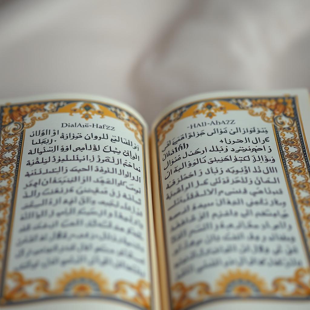 An elegant close-up view of an open Divan-e-Hafez without any borders or framing, emphasizing the exquisite Persian calligraphy and intricate floral designs on the pages