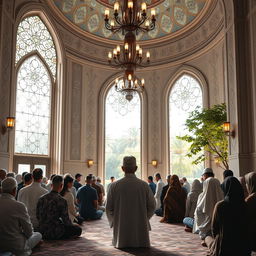 A serene and uplifting scene depicting an Imam leading a diverse group of believers in prayer inside a beautifully designed mosque