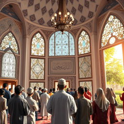 A serene and uplifting scene depicting an Imam leading a diverse group of believers in prayer inside a beautifully designed mosque