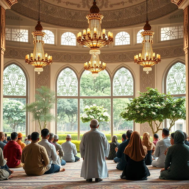 A serene and uplifting scene depicting an Imam leading a diverse group of believers in prayer inside a beautifully designed mosque