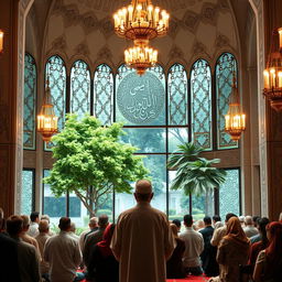 A serene and uplifting scene depicting an Imam leading a diverse group of believers in prayer inside a beautifully designed mosque