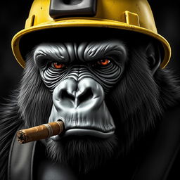 A close-up of a gorilla's face wearing a yellow and black miner's helmet