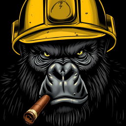 A close-up of a gorilla's face wearing a yellow and black miner's helmet