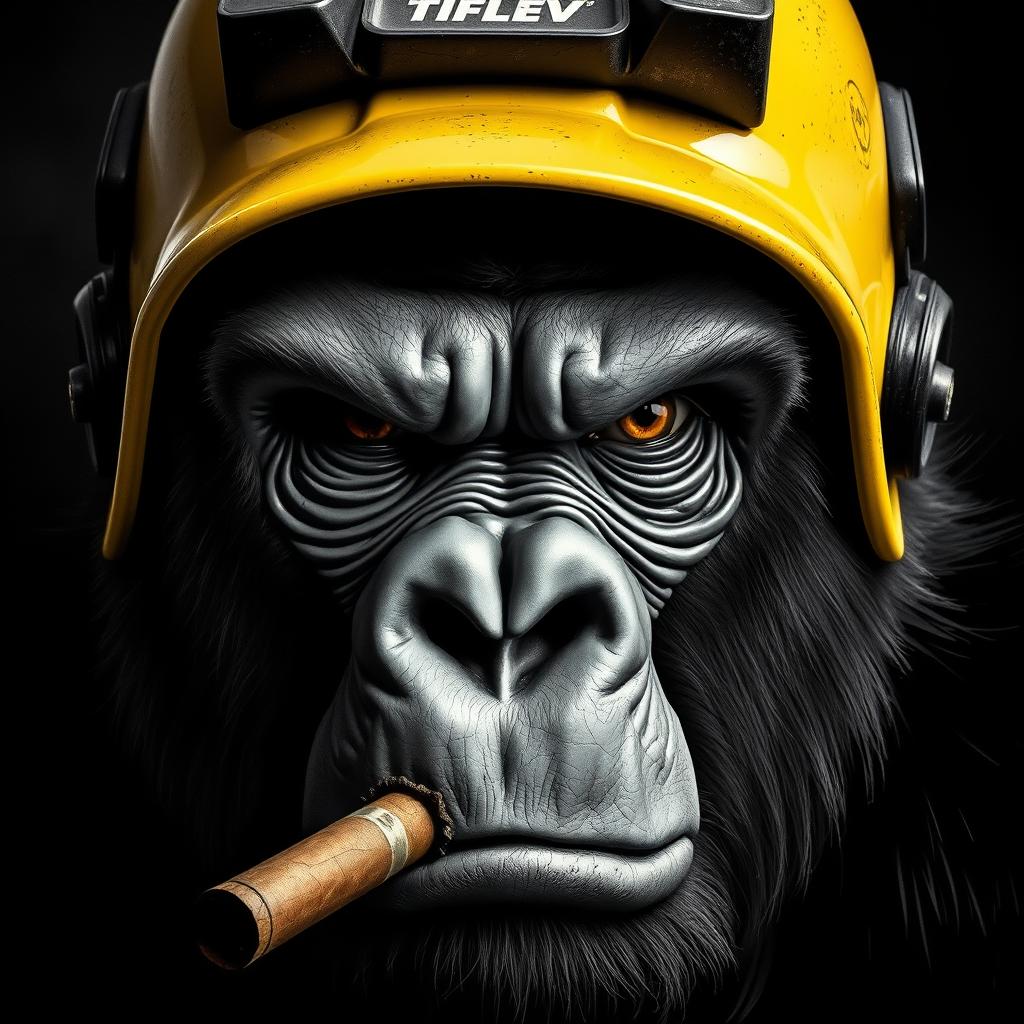 A close-up of a gorilla's face wearing a yellow and black miner's helmet