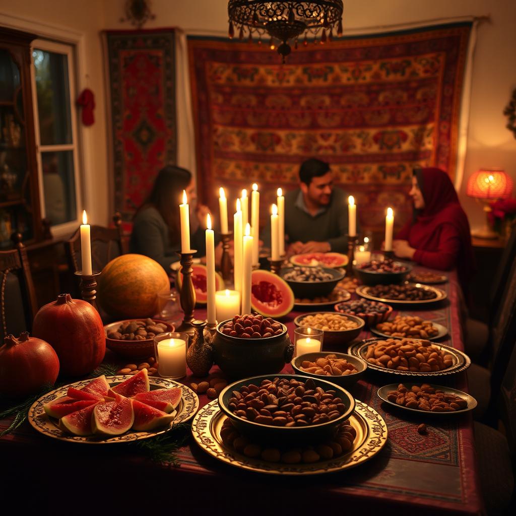 A cozy and festive Yalda Night celebration scene, featuring a beautifully decorated table filled with traditional foods such as pomegranates, watermelons, nuts, and sweets