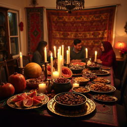 A cozy and festive Yalda Night celebration scene, featuring a beautifully decorated table filled with traditional foods such as pomegranates, watermelons, nuts, and sweets