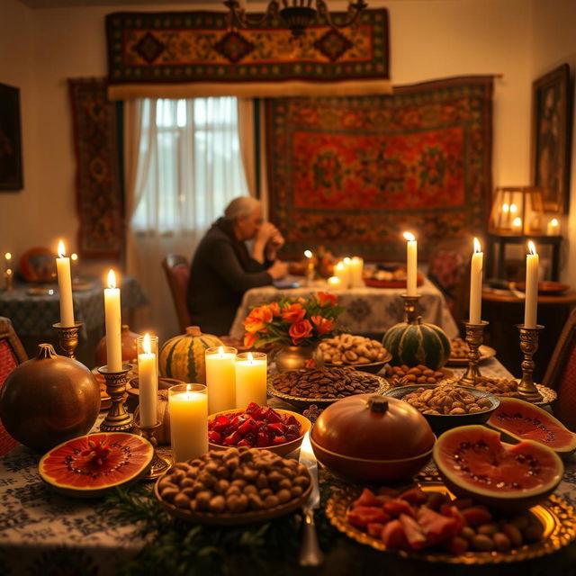 A cozy and festive Yalda Night celebration scene, featuring a beautifully decorated table filled with traditional foods such as pomegranates, watermelons, nuts, and sweets