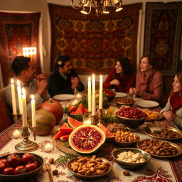 A cozy and festive Yalda Night celebration scene, featuring a beautifully decorated table filled with traditional foods such as pomegranates, watermelons, nuts, and sweets