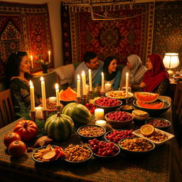 A cozy and festive Yalda Night celebration scene, featuring a beautifully decorated table filled with traditional foods such as pomegranates, watermelons, nuts, and sweets