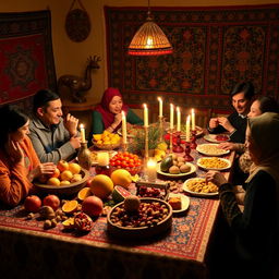 A vibrant and traditional Yalda Night scene, showcasing a beautifully arranged table filled with seasonal fruits like pomegranates, melons, and nuts, typical for this Iranian celebration