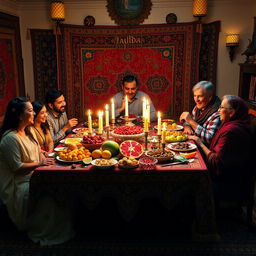 A vibrant and traditional Yalda Night scene, showcasing a beautifully arranged table filled with seasonal fruits like pomegranates, melons, and nuts, typical for this Iranian celebration