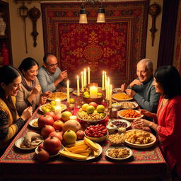 A vibrant and traditional Yalda Night scene, showcasing a beautifully arranged table filled with seasonal fruits like pomegranates, melons, and nuts, typical for this Iranian celebration