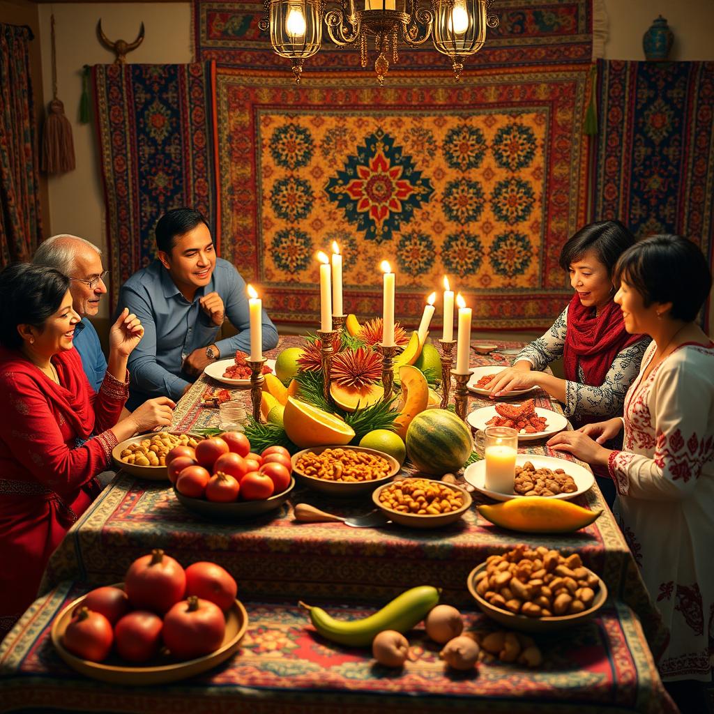 A vibrant and traditional Yalda Night scene, showcasing a beautifully arranged table filled with seasonal fruits like pomegranates, melons, and nuts, typical for this Iranian celebration