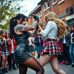 A thrilling scene set in a vibrant schoolyard where a sexy, hot, beautiful, stunning, and curvy tattooed girl with sleek black hair and crystal blue eyes is engaged in a fierce fight
