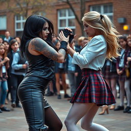 A thrilling scene set in a vibrant schoolyard where a sexy, hot, beautiful, stunning, and curvy tattooed girl with sleek black hair and crystal blue eyes is engaged in a fierce fight
