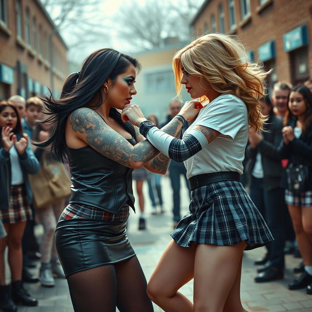 A thrilling scene set in a vibrant schoolyard where a sexy, hot, beautiful, stunning, and curvy tattooed girl with sleek black hair and crystal blue eyes is engaged in a fierce fight