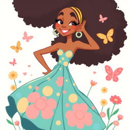 A playful, cartoon-style illustration of a bold and confident woman with large, voluminous hair, wearing a vibrant, flowy dress that reflects a sunny day