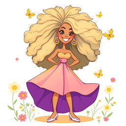 A playful, cartoon-style illustration of a bold and confident woman with large, voluminous hair, wearing a vibrant, flowy dress that reflects a sunny day