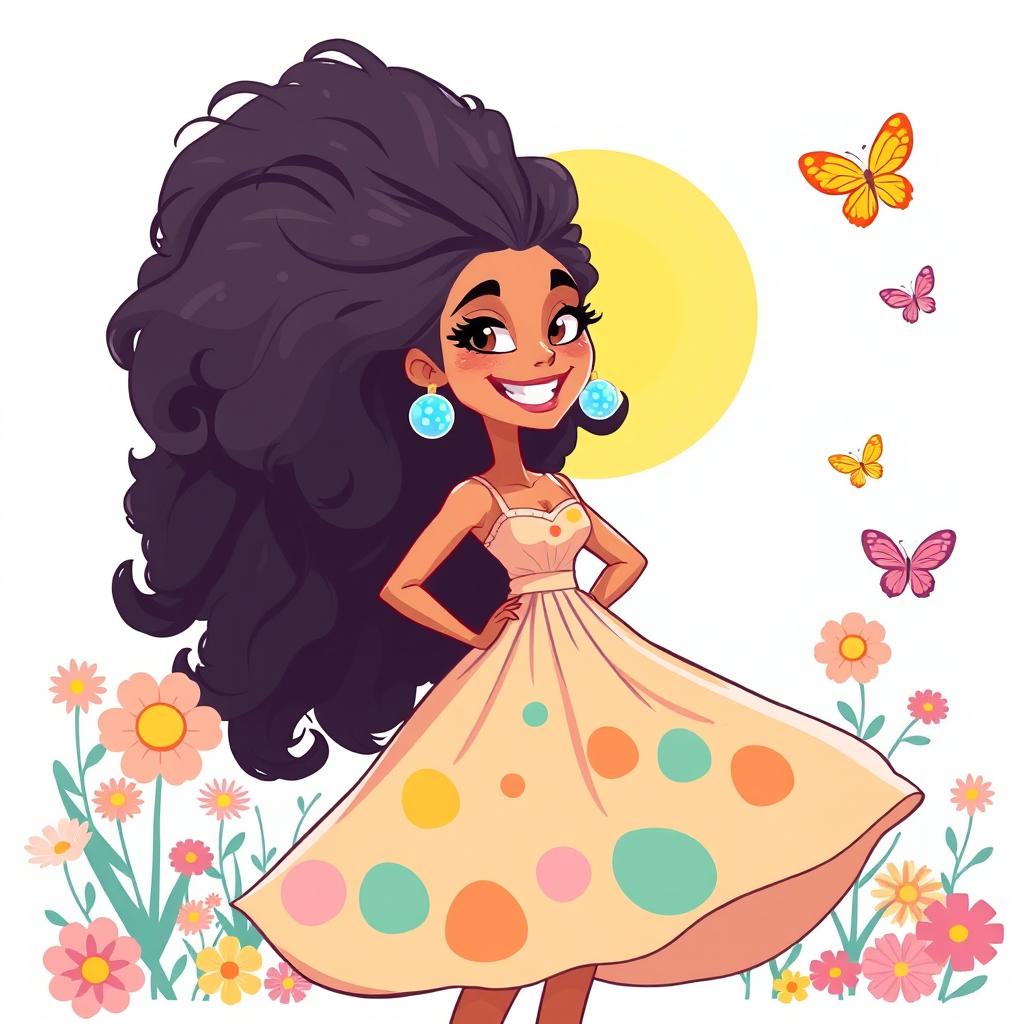 A playful, cartoon-style illustration of a bold and confident woman with large, voluminous hair, wearing a vibrant, flowy dress that reflects a sunny day