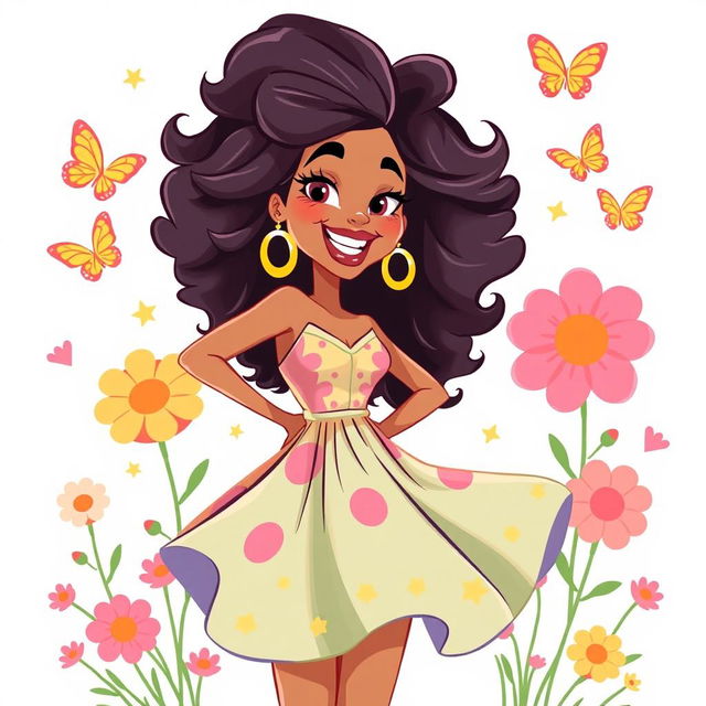 A playful, cartoon-style illustration of a bold and confident woman with large, voluminous hair, wearing a vibrant, flowy dress that reflects a sunny day