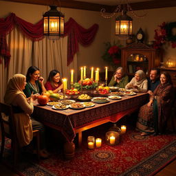 An enchanting Yalda Night celebration setting, featuring a beautifully arranged table overflowing with traditional foods such as pomegranates, watermelons, figs, nuts, and sweets, symbolizing abundance and joy