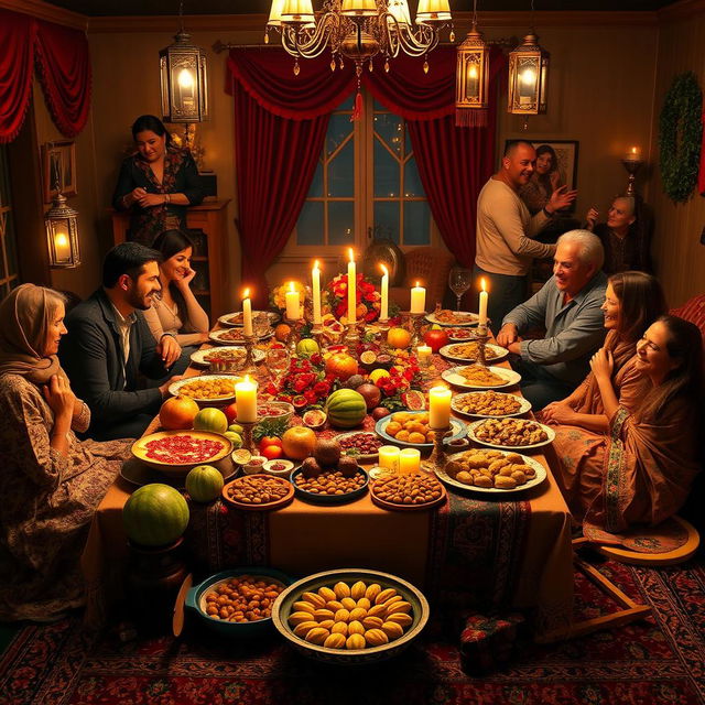 An enchanting Yalda Night celebration setting, featuring a beautifully arranged table overflowing with traditional foods such as pomegranates, watermelons, figs, nuts, and sweets, symbolizing abundance and joy