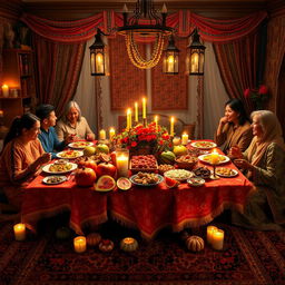 An enchanting Yalda Night celebration setting, featuring a beautifully arranged table overflowing with traditional foods such as pomegranates, watermelons, figs, nuts, and sweets, symbolizing abundance and joy