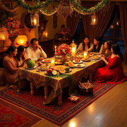 An enchanting Yalda Night celebration setting, featuring a beautifully arranged table overflowing with traditional foods such as pomegranates, watermelons, figs, nuts, and sweets, symbolizing abundance and joy