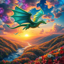 A vibrant fantasy landscape featuring a mystical creature resembling a dragon with vibrant green scales and shimmering blue wings, soaring through a sky filled with colorful nebula clouds