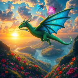 A vibrant fantasy landscape featuring a mystical creature resembling a dragon with vibrant green scales and shimmering blue wings, soaring through a sky filled with colorful nebula clouds