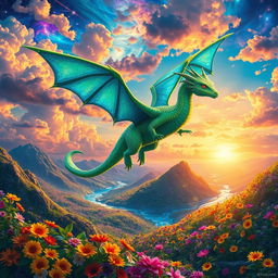 A vibrant fantasy landscape featuring a mystical creature resembling a dragon with vibrant green scales and shimmering blue wings, soaring through a sky filled with colorful nebula clouds