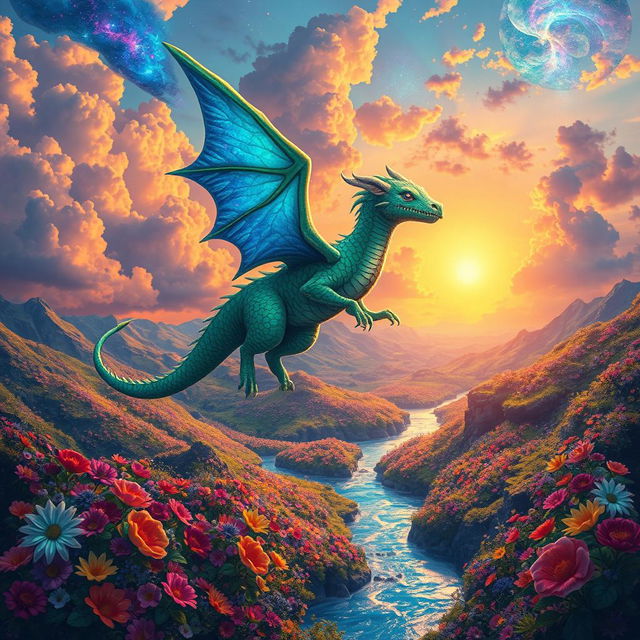 A vibrant fantasy landscape featuring a mystical creature resembling a dragon with vibrant green scales and shimmering blue wings, soaring through a sky filled with colorful nebula clouds