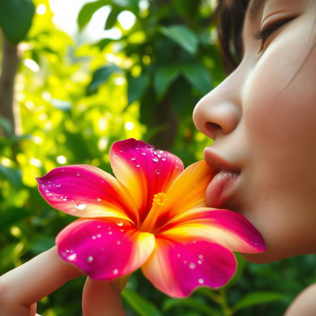 A close-up shot of a person gently licking a colorful titcha flower, the petals glistening with droplets of dew