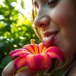A close-up shot of a person gently licking a colorful titcha flower, the petals glistening with droplets of dew