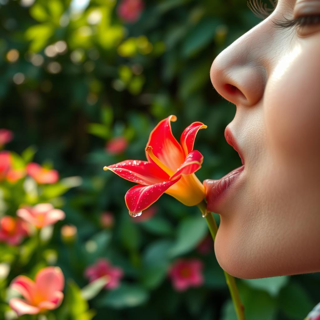 A close-up shot of a person gently licking a colorful titcha flower, the petals glistening with droplets of dew