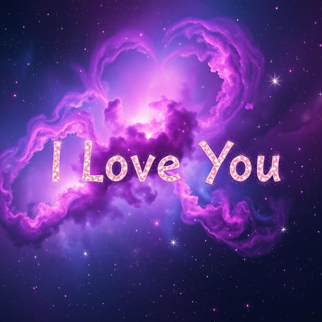 A stunning galaxy scene composed of the words 'I Love You' in vibrant cosmic colors