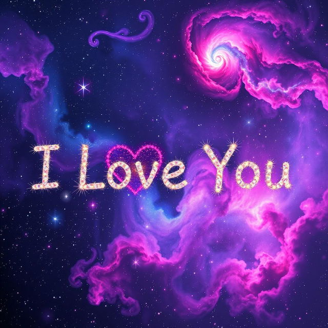 A stunning galaxy scene composed of the words 'I Love You' in vibrant cosmic colors