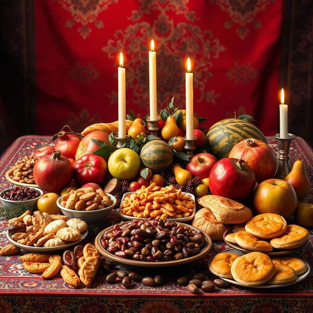 A captivating scene of Shab-e Yalda, the Persian winter solstice celebration, depicted without any people