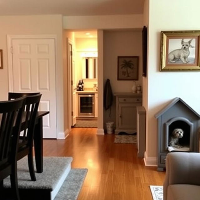 A cozy dining room scene featuring a step connecting to the living area at the front