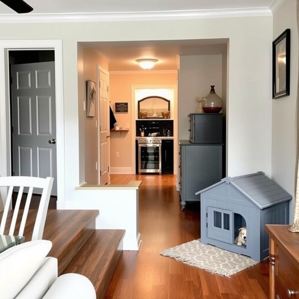 A cozy dining room scene featuring a step connecting to the living area at the front