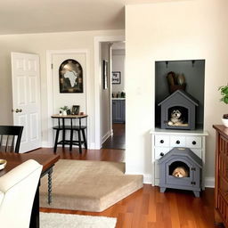 A cozy dining room scene featuring a step connecting to the living area at the front