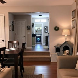 A cozy dining room scene featuring a step connecting to the living area at the front