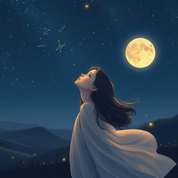 A young woman gazing up at a starry night sky, her face illuminated by the soft glow of the stars