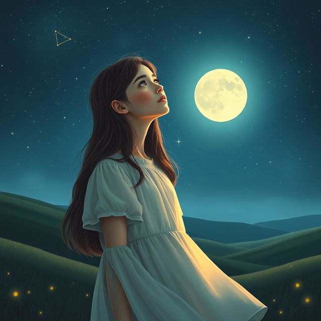 A young woman gazing up at a starry night sky, her face illuminated by the soft glow of the stars